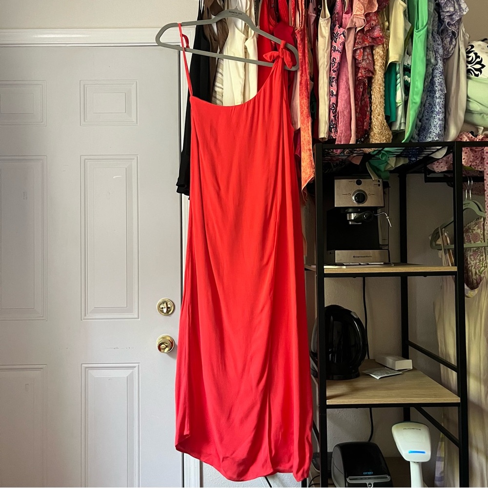 MARA HOFFMAN pink orange coral viscose gauze one shoulder midi beach swim